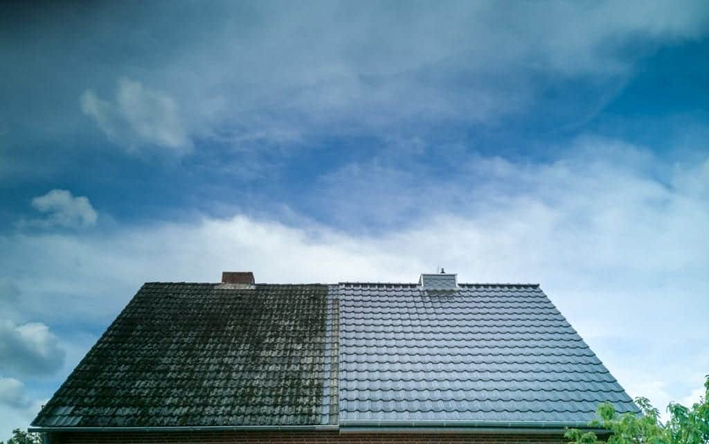 Before and after of a stained roof with dark streaks vs. a new, cleaned roof