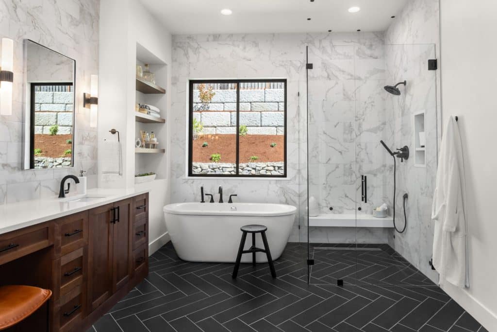 Beautiful,Bathroom,In,Luxury,Home,With,Double,Vanity,,Bathtub,,And Bathroom renovation, bathroom design, new bathroom, shower, bathtub